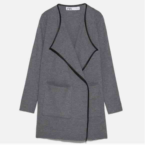 Zara Knit Marble Cardigan Coat Faux Leather Trim - Picture 1 of 12